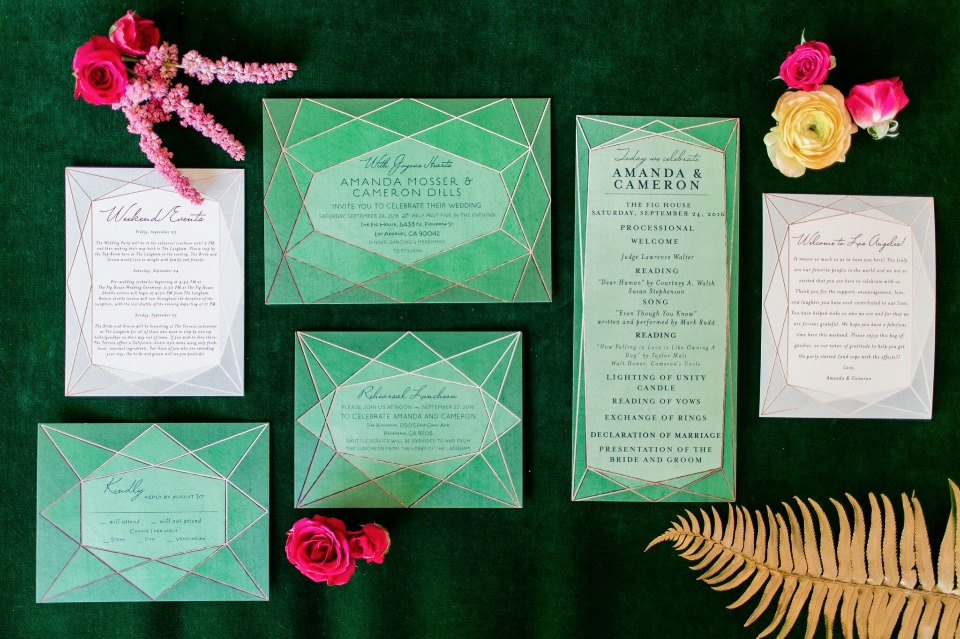 Geometric emerald invitation suite