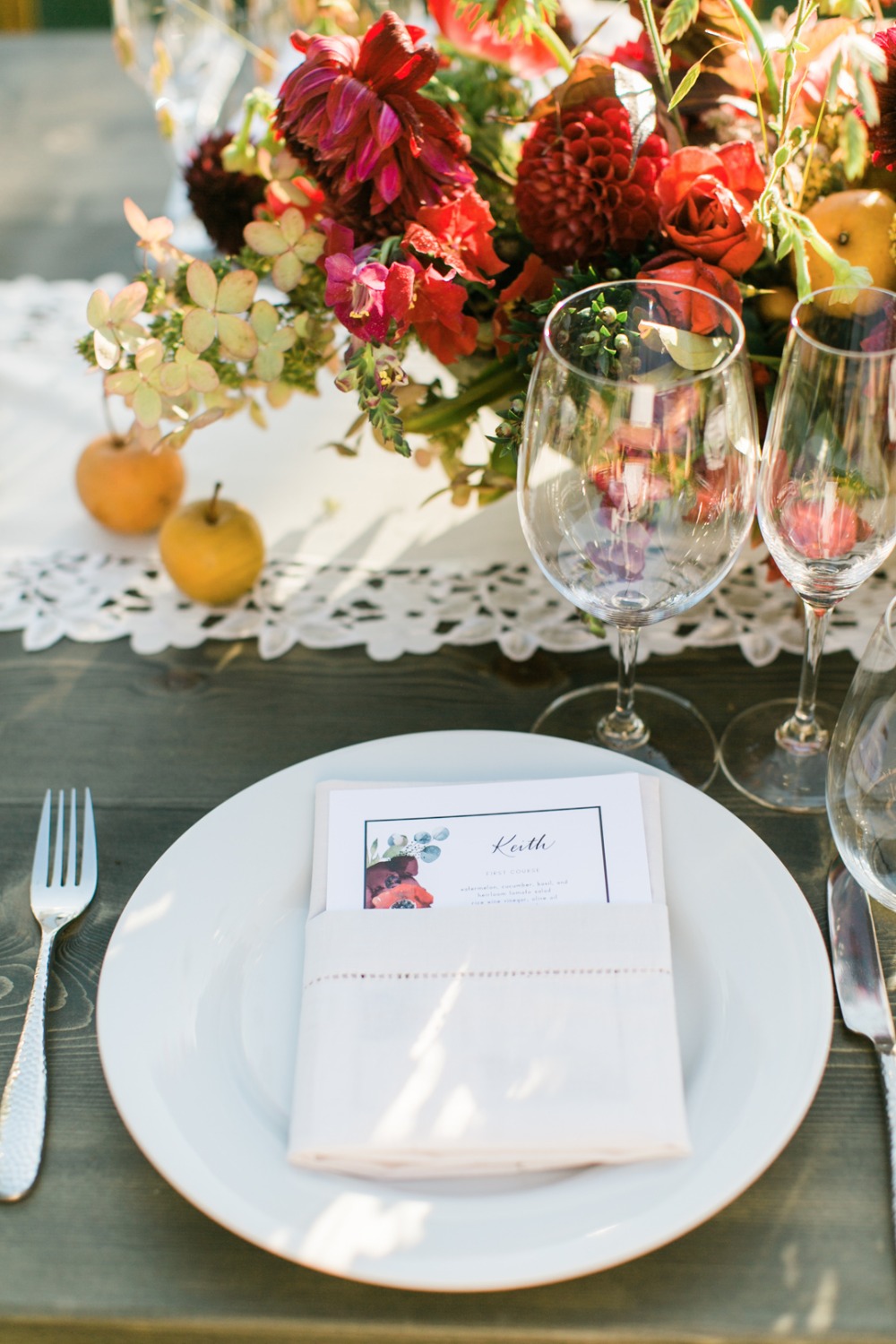 late summer red and gold wedding place setting