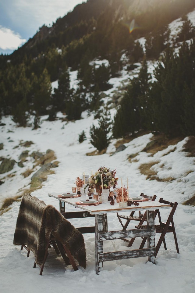 Rustic winter table scape with copper