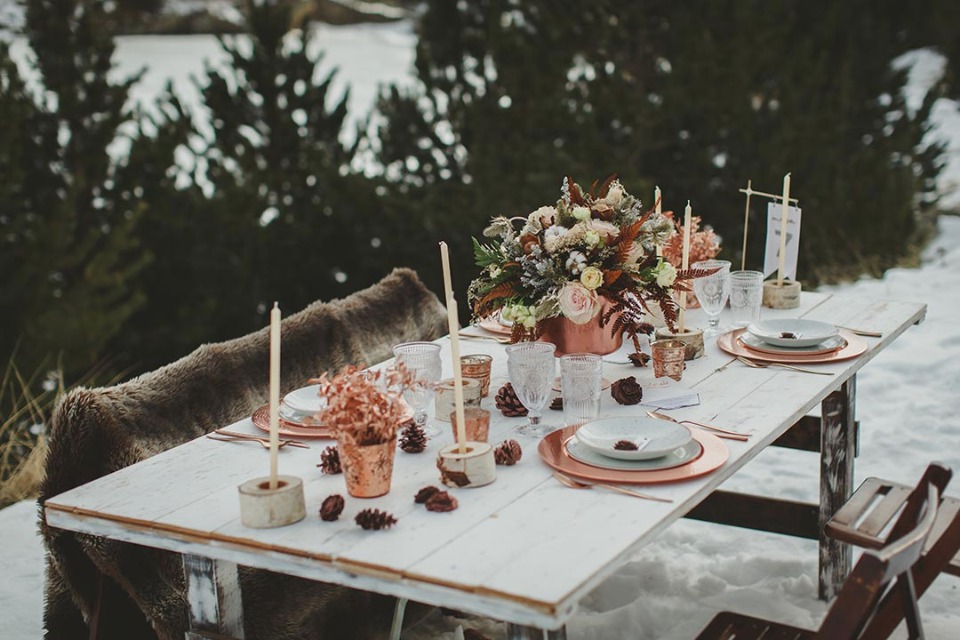 Copper winter wedding table scape