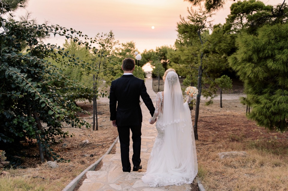 just married sunset wedding photo