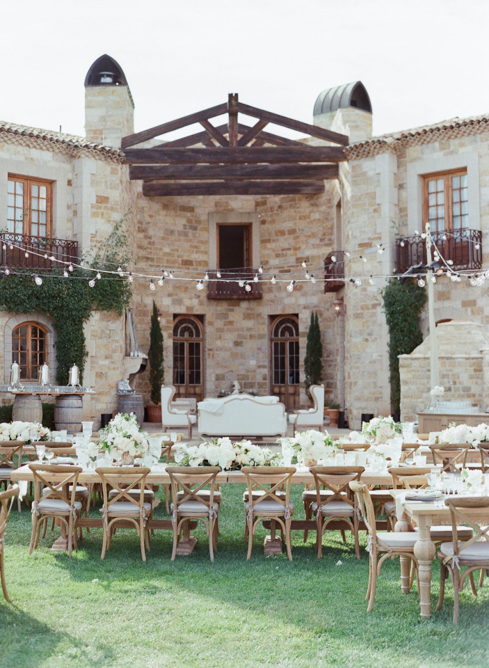 gorgeous villa wedding reception with peonies