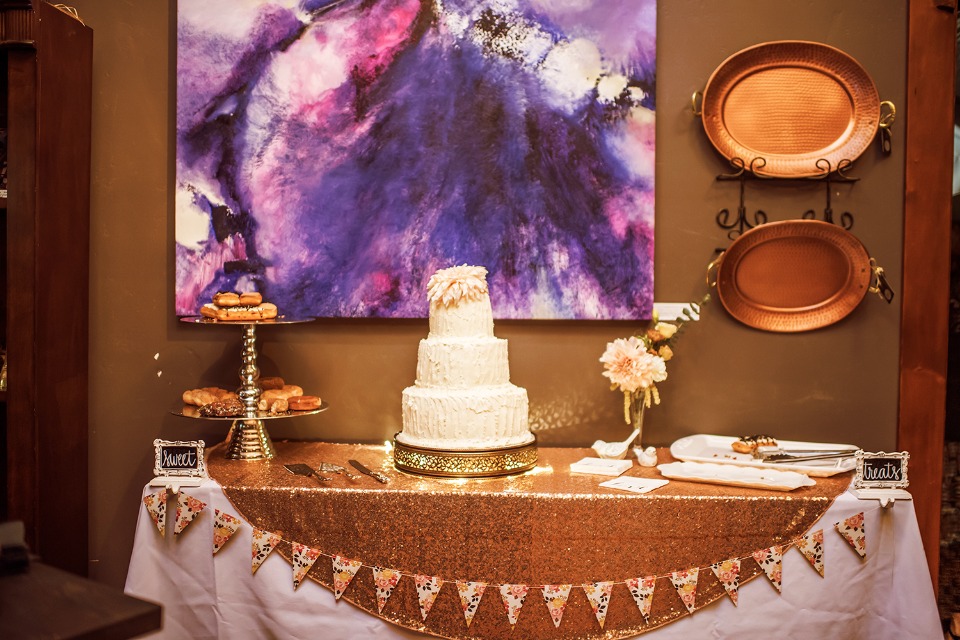 copper and sequin wedding cake table