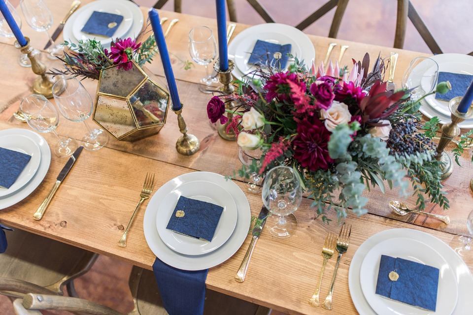 blue and gold modern wedding table
