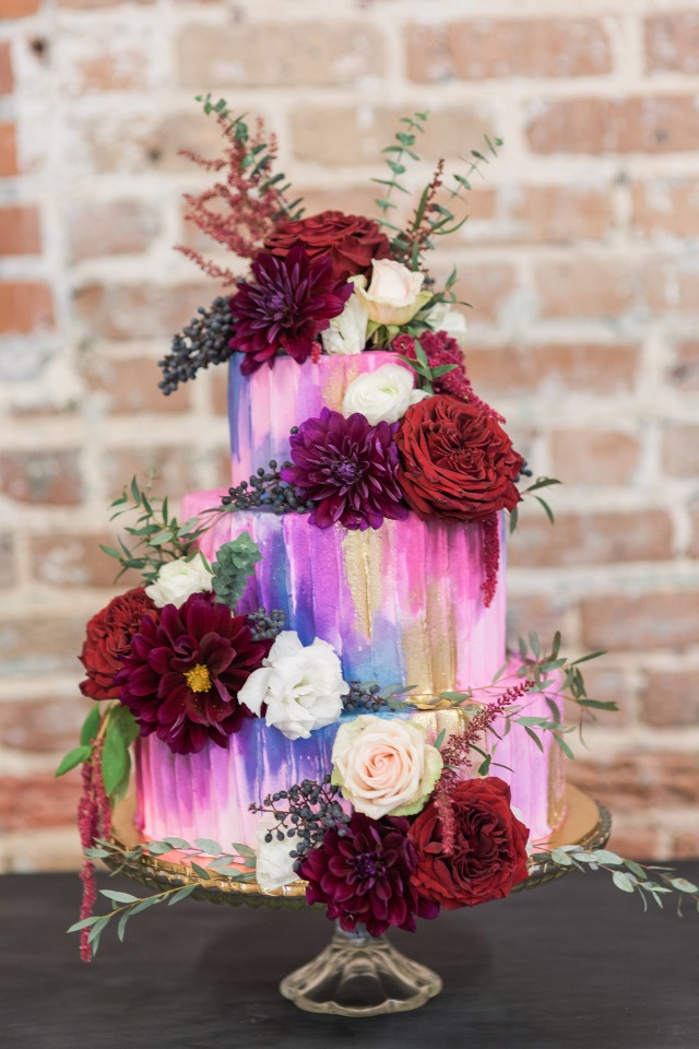 flower topped modern wedding cake