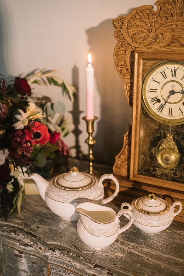 tea set and grandfather clock
