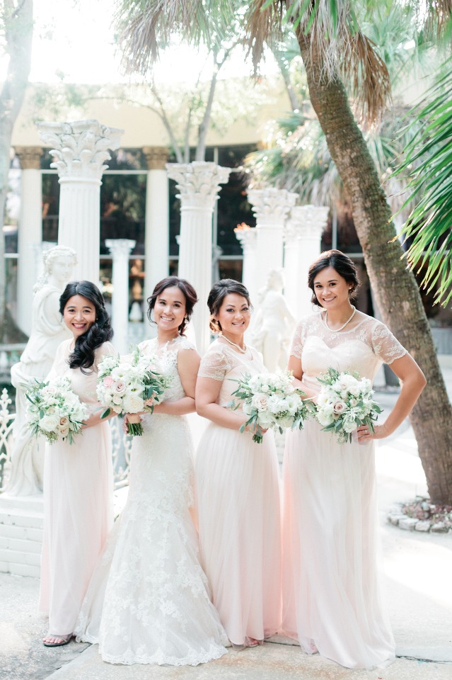 Matching blush gown and bouquets