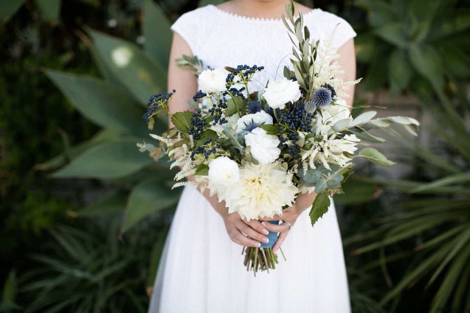 natural and organic white and blue wedding bouquet