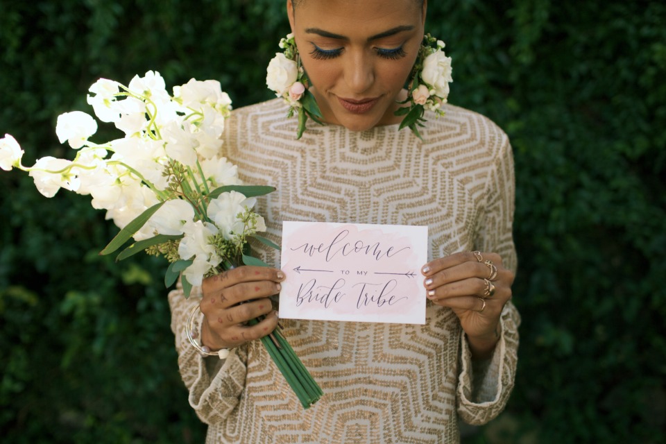 modern champagne bridesmaid dress and welcome to my bride tribe card