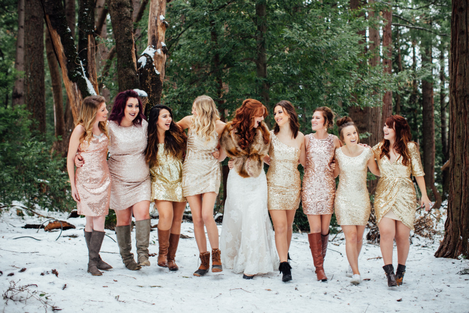 sparkly sequin gold and pink bridesmaids dresses with boots