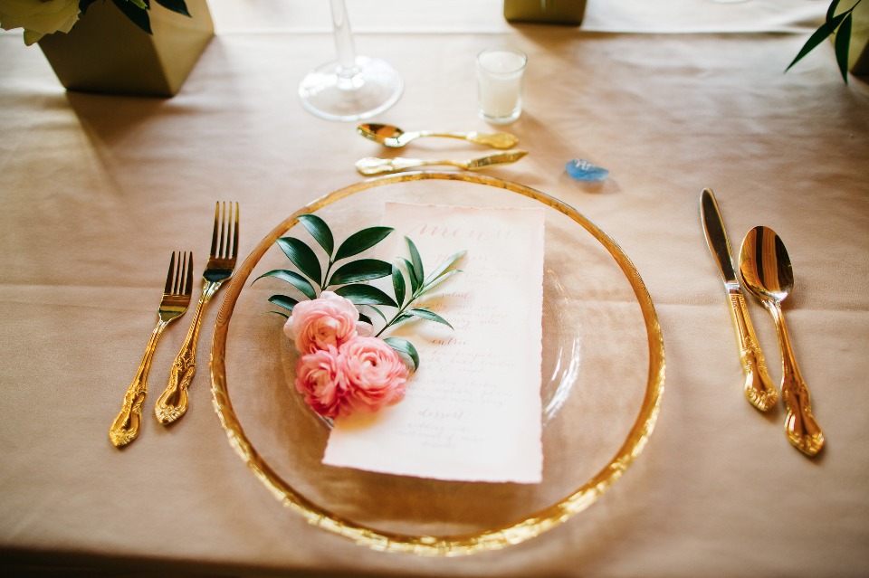 clear and gold wedding place setting