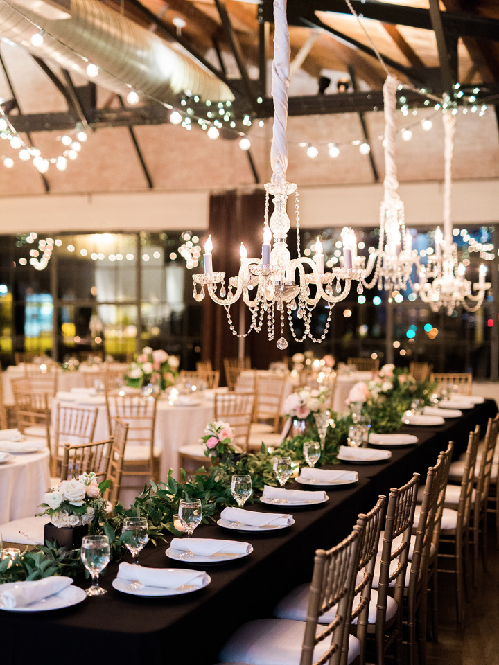 glam chandelier wedding lighting and bistro lights