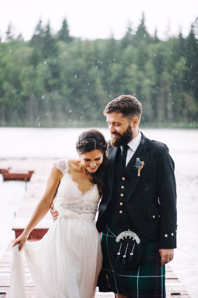 happy wedding couple in the rain