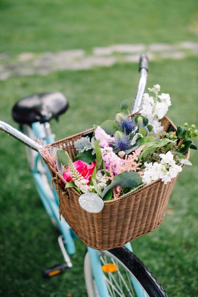flower filled bicycle basket