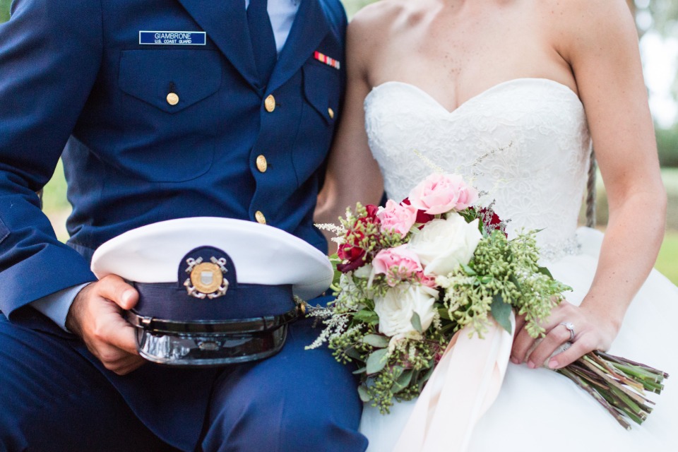 U.S. Navy dress blues and strapless wedding dress
