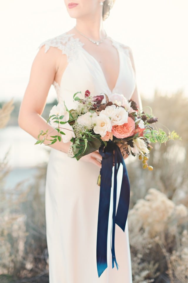 Spring bouquet with navy ribbons