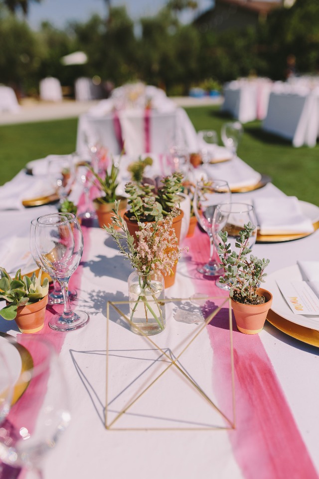 modern watercolor and desert themed wedding table decor