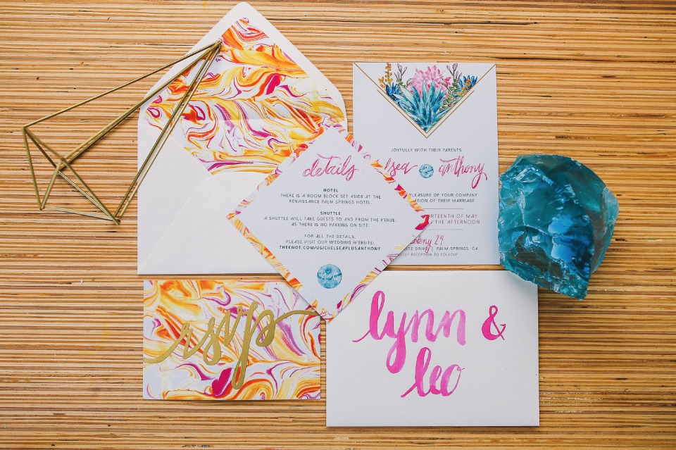modern marbled and watercolor wedding invitations