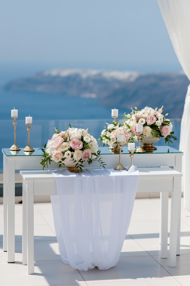 blue white and pink wedding ceremony