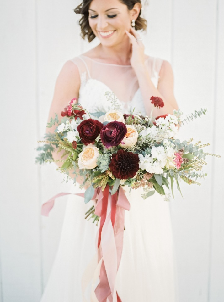 Burgundy and blush bouquet with flowing ribbons