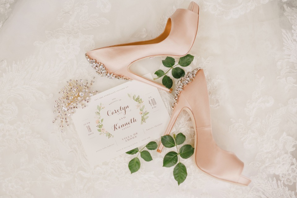 Peach wedding shoes and Longwood Estates Invitation Suite from Minted