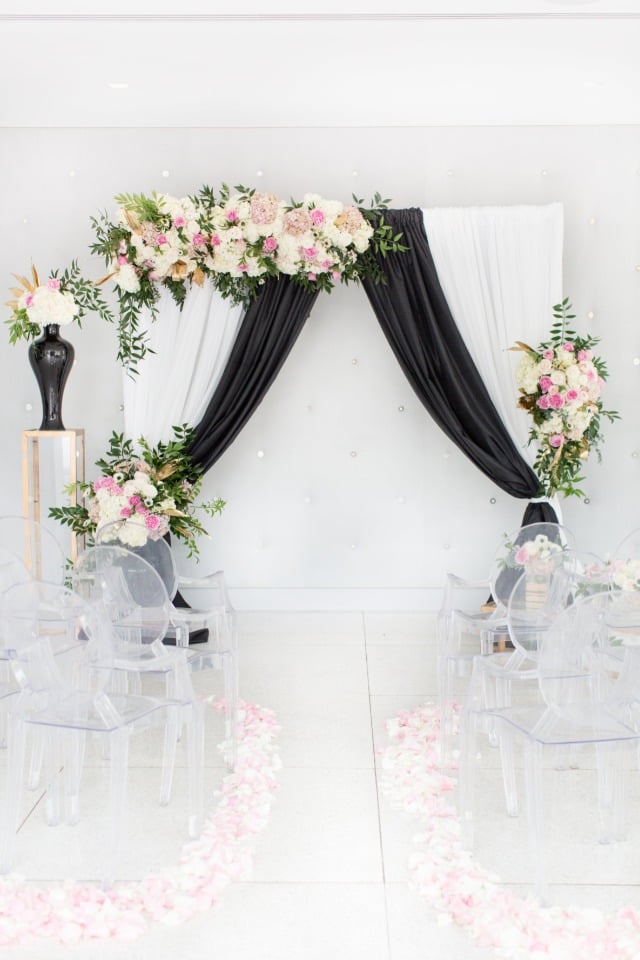 black white and pink modern wedding decor