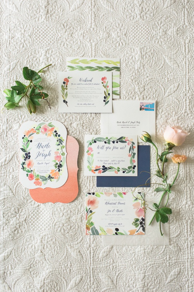 blue and peach floral wedding stationery