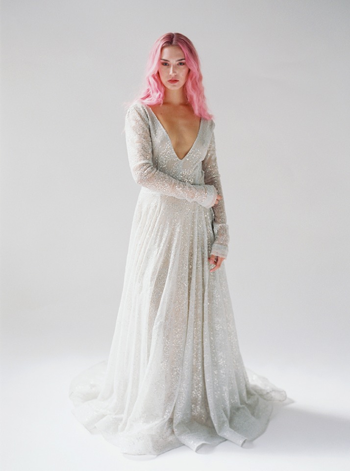 Claire la Faye silver sparkling wedding dress