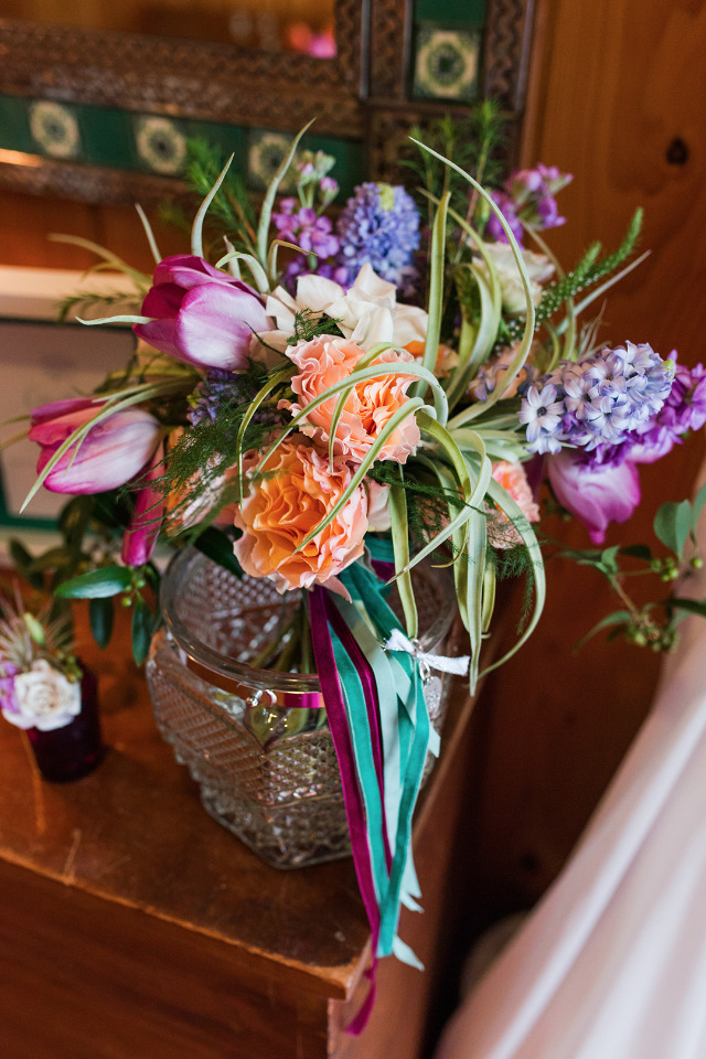 bright purple and peach organic style bouquet