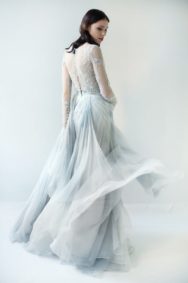 Beaded flowy blue wedding gown.