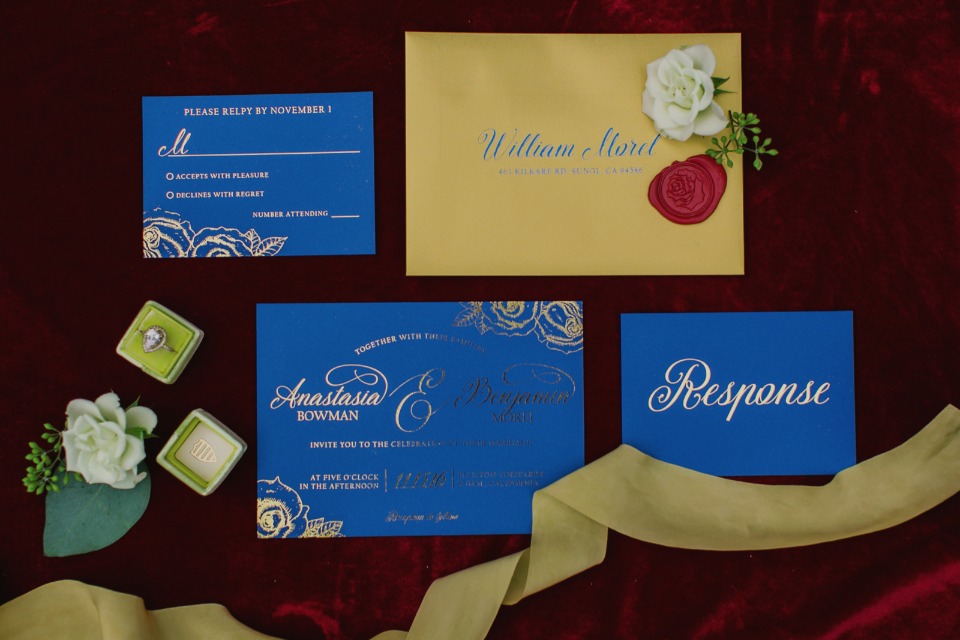 Navy and gold invitation suite inspired by Beauty and the Beast