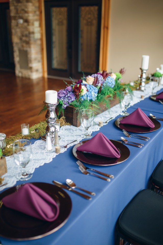 purple and bronze place setting