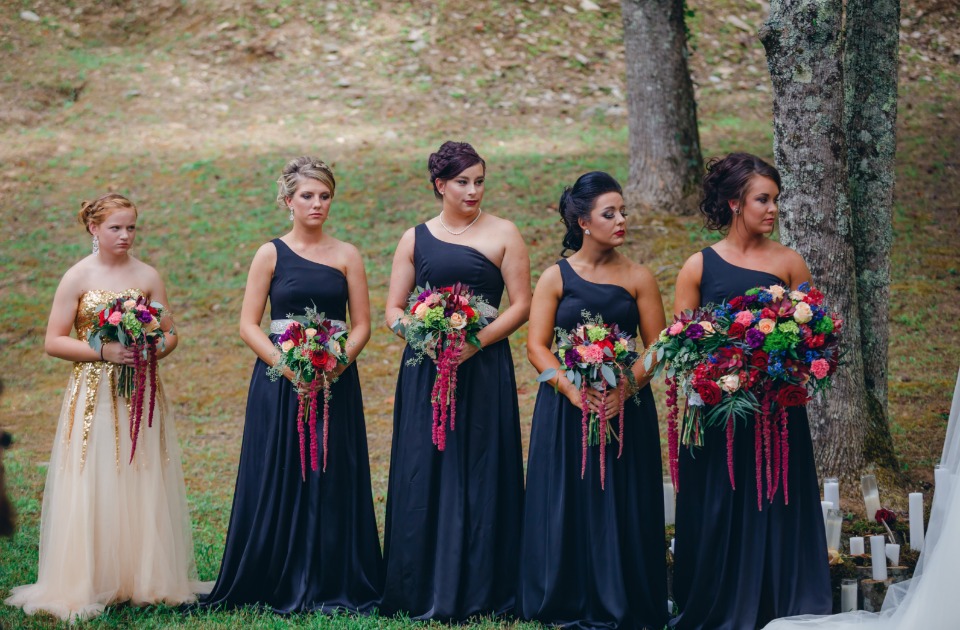 black single strap bridesmaids and flower girl in white and gold
