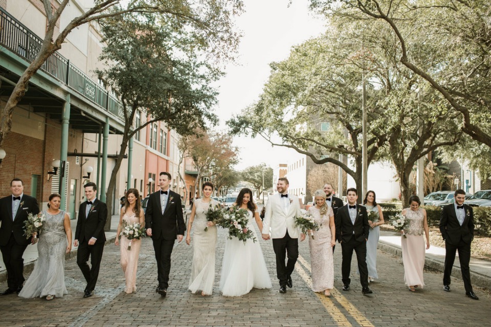 wedding party in black white and neutrals