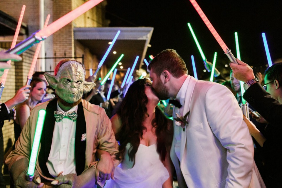 light saber wedding exit with yoda