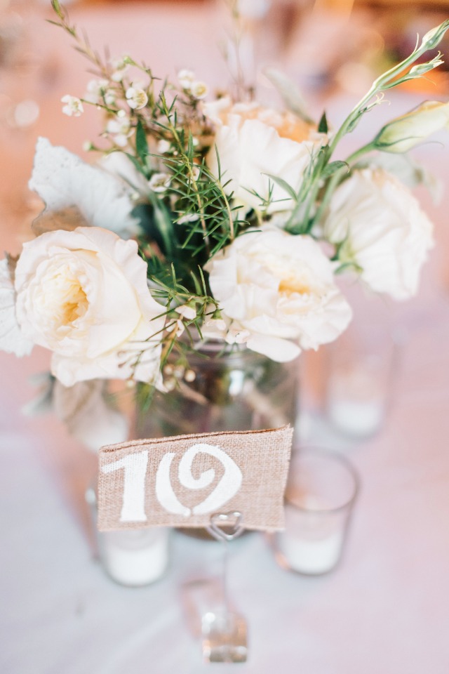 burlap table numbers with mason jar centerpieces