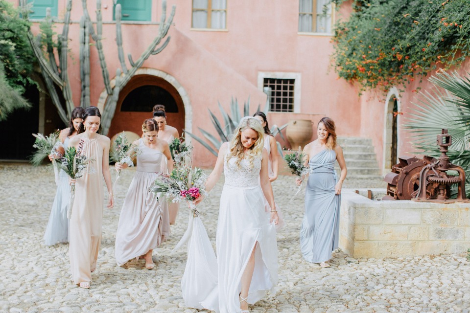 bridal party in neutral tones