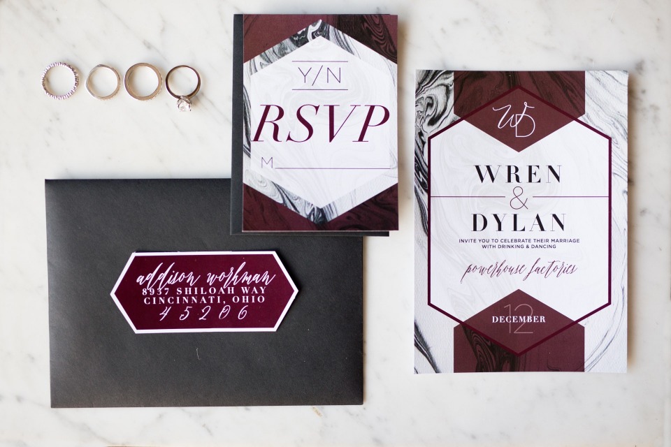 Marble invitation suite with burgundy