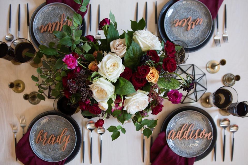 Burgundy and copper table setting