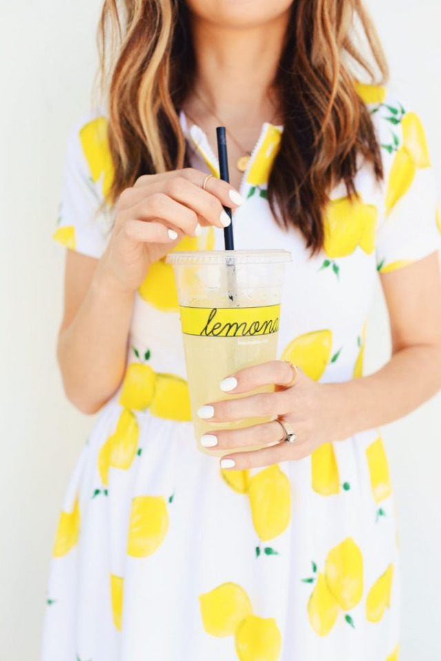 lemon dress, lemonade, and white nails