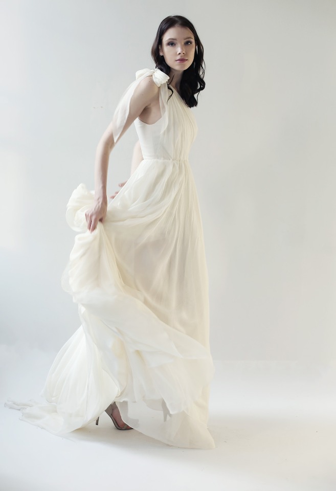 White chiffon wedding gown.