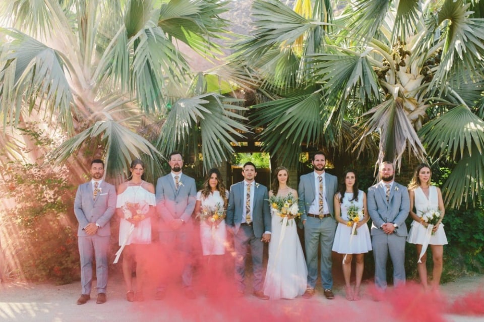 smoke bomb wedding party photo