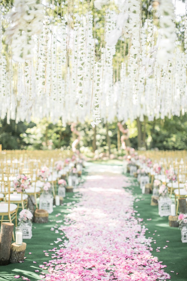 hanging flower chain wedding ceremony decor and ombre flower petal aisle decor