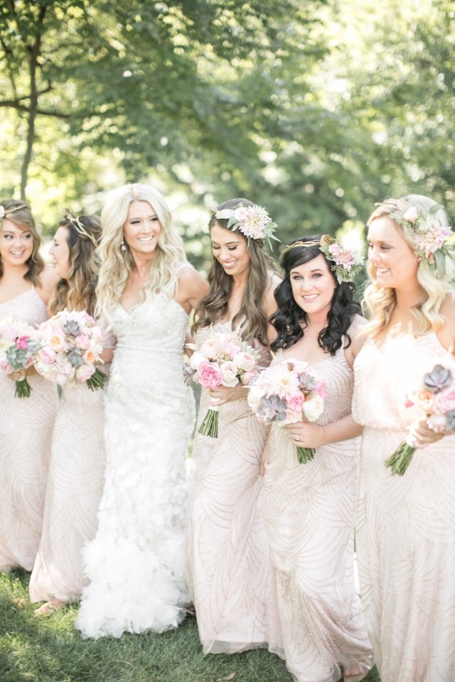 blush bridesmaids with boho flower halos