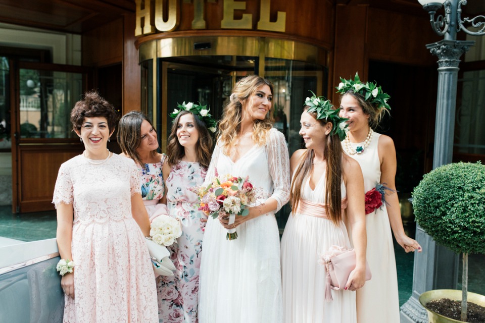 Boho bridesmaids in spring dresses