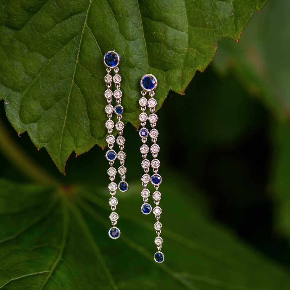 Sapphire and diamond dangle earrings from Shane Co.