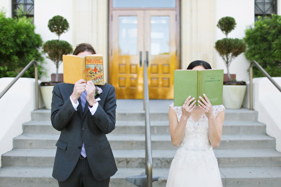 cute library wedding photo idea