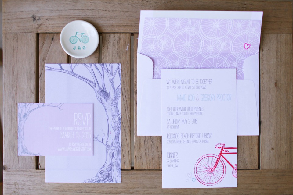purple bicycle and tree wedding stationery