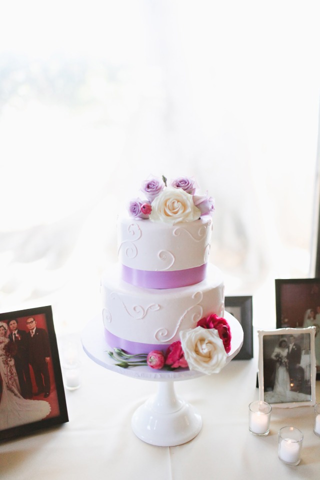 classic purple and white wedding cake