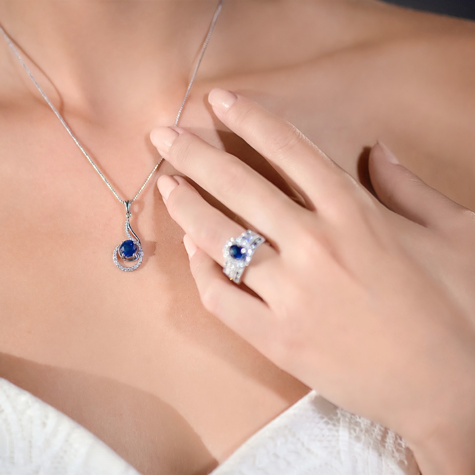 Sapphire and diamond pendant and ring from Shane Co